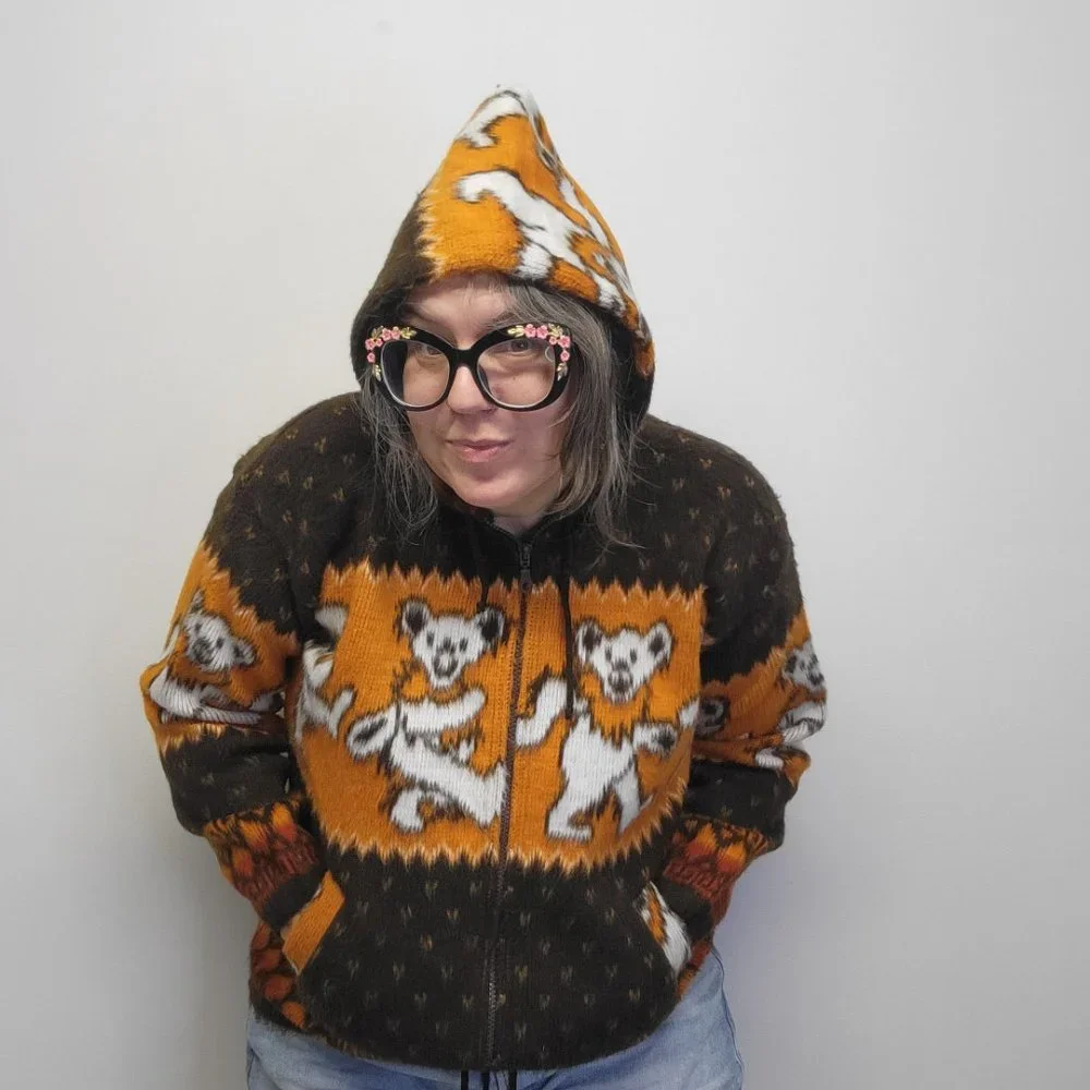GRATEFUL DEAD Bears Fuzzy Wool/Cotton Zip Hoodie Sweater Brown Orange Unisex S - Picture 8 of 11